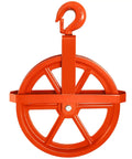 12 Inch Scaffold Hoist Pulley Wheel With Ladder Hooks, Heavy Duty Iron Wheel, 1000 Lb Capacity, Durable Construction For Safe Lifts, Rope Compatibility Five Eighths Inch, Great For Eight Millimeter Or Five Sixteenth Inch Rope, orange scaffold pulley with hook