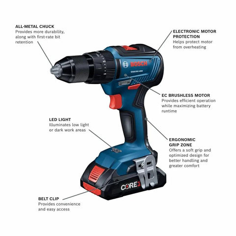 Diagram of GSB18V-490B12 18V EC Brushless Half Inch Hammer Drill And Driver Kit features with LED light and ergonomic grip.