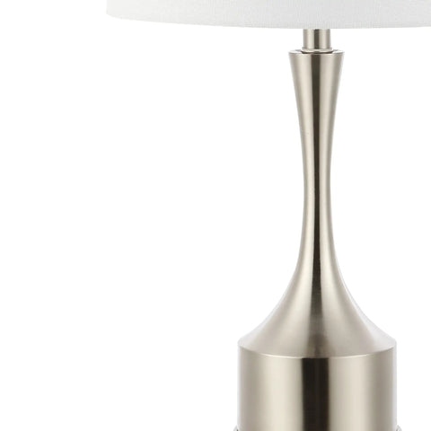 Close-up of base and shade of 26 Inch Nickel Table Lamp Set Of 2 With USB Charging Ports, French Country Bedside Lighting, LED Bulbs Included.