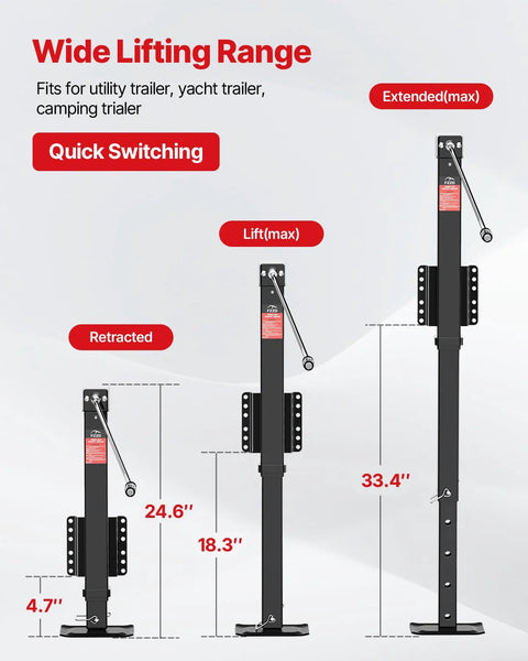 Front view of FZZD 8000-lb heavy-duty trailer jack, black, cordless drill compatible, showing retracted and extended positions.