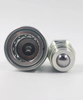 Front and side view of two silver hydraulic quick-connect couplers, 1/2-in NPT ISO 5675 ball-pioneer style.