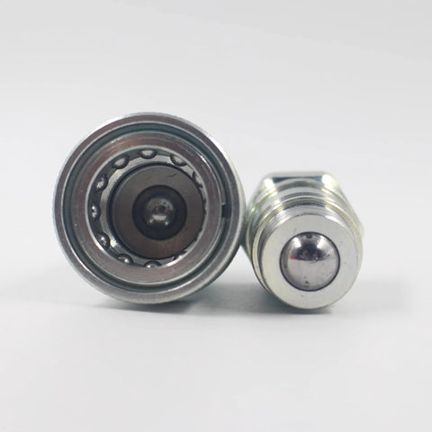 Front and side view of two silver hydraulic quick-connect couplers, 1/2-in NPT ISO 5675 ball-pioneer style.