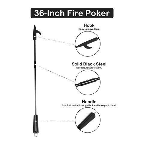 Diagram of 36 Inch Heavy Duty Fire Poker for Fire Pit and Campfire Use Heat Resistant Handle Solid Steel Fire Pit Tool details