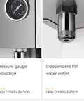Close-up of pressure gauge and hot water outlet on All In One Espresso Maker With Built In Grinder And Milk Frother For Home Baristas.