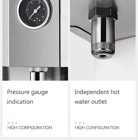 Close-up of pressure gauge and hot water outlet on All In One Espresso Maker With Built In Grinder And Milk Frother For Home Baristas.