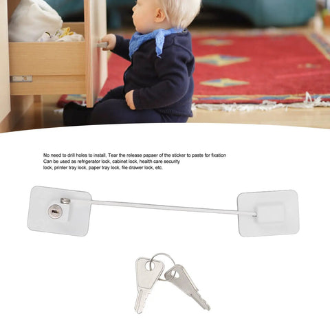 No Drill Refrigerator Lock For Cabinets And Drawers Easy Peel And Stick Adhesive Mount Stainless Steel Baby Proof Latch shown with keys