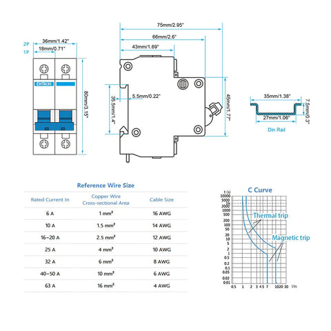 Technical diagram of DC Miniature Circuit Breaker 2 Pole 1000V 63A Isolator for Solar PV System with wire size chart and C Curve graph.