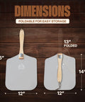 Two Chicago Brick Oven aluminum pizza peels, 12x14 in blades with foldable wooden handles; 25-in overall length.