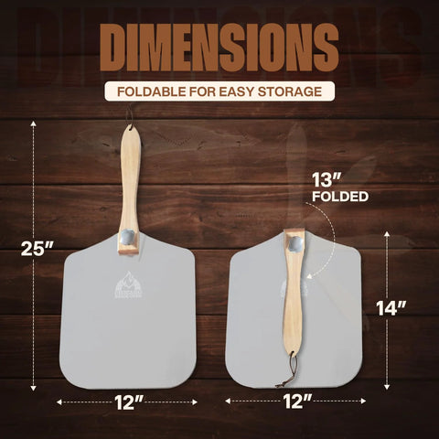 Two Chicago Brick Oven aluminum pizza peels, 12x14 in blades with foldable wooden handles; 25-in overall length.