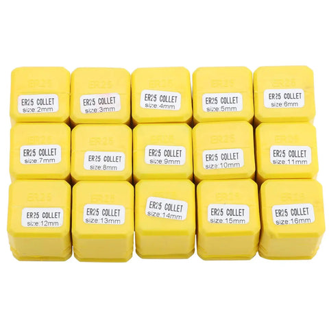 Super Cool 15 Piece ER25 Collet Chuck Set With High Precision Spring Steel Tool Holder For CNC Milling Lathe And Engraving Featuring Self Release Design And Grip Range From 2mm To 16 Mm including yellow collets labeled with sizes.