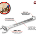 One And A Half Inch Combo Wrench, Heavy Duty Drop Forged Chrome Alloy Steel With High Torque Box End And Open End, labeled features.