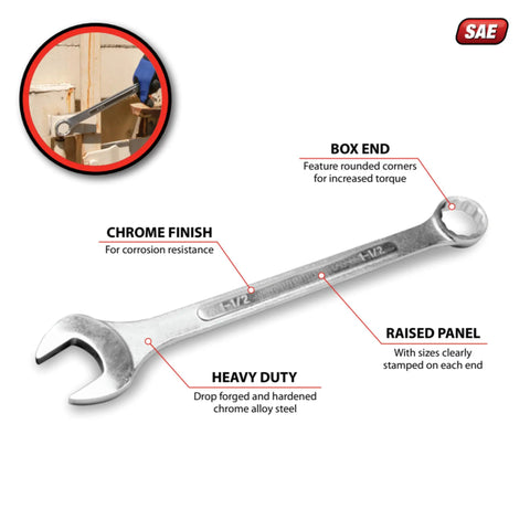 One And A Half Inch Combo Wrench, Heavy Duty Drop Forged Chrome Alloy Steel With High Torque Box End And Open End, labeled features.