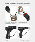 Installation steps for Premium High Hardness Steel Electric Drill Metal Shears Attachment Tool on a drill.