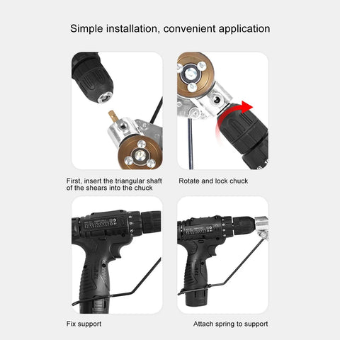 Heavy Duty Electric Drill Plate Cutter And Sheet Metal Shears Attachment setup steps showcasing installation on a drill.
