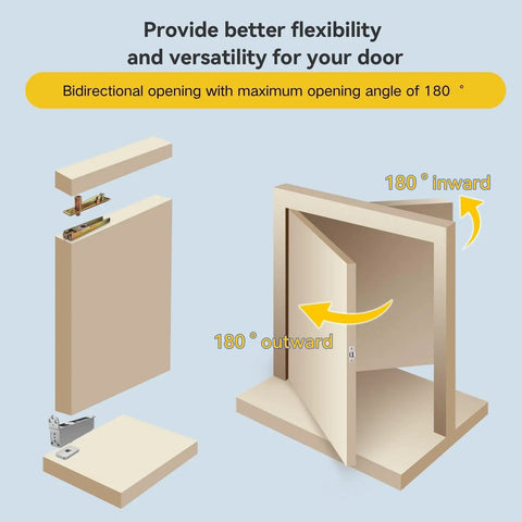 Graphic of self closing concealed door pivot hinges with hydraulic system for 180° bidirectional opening in wood door.