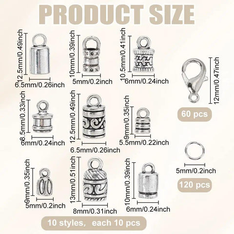 Rock Your Custom Jewelry With This Ultimate 270 Piece Silver Alloy Crafting Kit Featuring 9 Styles Cord End Caps Lobster Clasps Jump Rings And Crimp Beads For Stunning Bracelet Necklace Paracord DIY Creations That Go Viral Anywhere. 10 silver alloy styles, each 10 pcs, with sizes shown