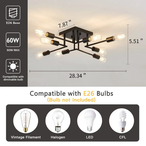8 Light Semi Flush Mount Ceiling Light Fixture Dope Modern Metal Black Sputnik Chandelier With E26 Base dimensions and bulb types.