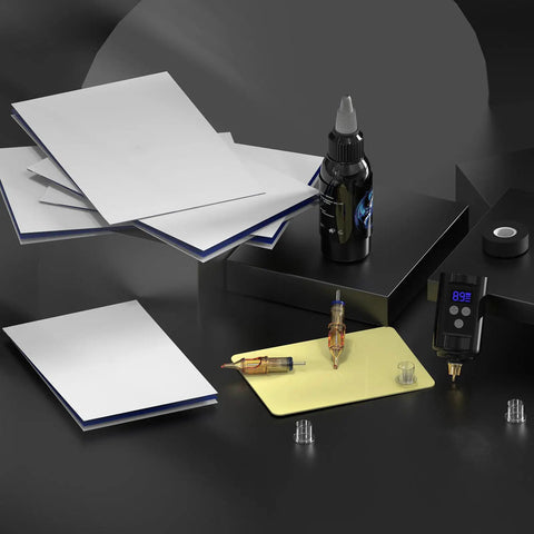 Wireless Tattoo Kit For Beginners All In One Rotary Pen Machine With 2 Batteries And Charger 20 Ink Cups 30ml Black Ink 7 Color Inks, with practice skins and paper sheets