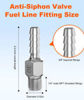 Anti Siphon Fuel Valve Fitting For Marine Fuel Tanks With One Quarter Inch NPT Threads And Three Eighths Inch ID Pickup Tube Two Point Two Inch Marine Tank Connector For Most Boat Gas Tanks Pack Of Two showing dimensions and fittings