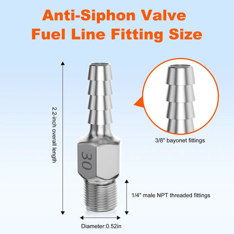 Anti Siphon Fuel Valve Fitting For Marine Fuel Tanks With One Quarter Inch NPT Threads And Three Eighths Inch ID Pickup Tube Two Point Two Inch Marine Tank Connector For Most Boat Gas Tanks Pack Of Two showing dimensions and fittings