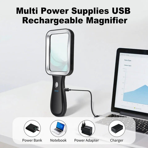 10X Lighted Magnifier with Rechargeable Battery, 3 Color Modes, connected to laptop, rectangular lens for seniors and low vision