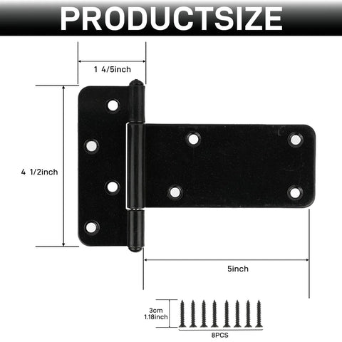 5 Inch Heavy Duty Gate Hinges 260 Lbs Capacity Black 4 Pack For Wooden Fences And Barn Doors With Screws Included Durable Wrought Steel Construction For Long Lasting Outdoor Use In All Weather, showing dimensions and screws.