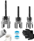 3 Piece Pvc Pipe Threader Kit Carbon Steel Integrated Internal External Threading Tool For 1/2 Inch 3 4 Inch And 1 Inch Plastic Pipes Set with gloves and sealant tape.