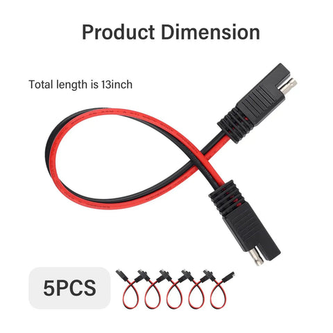 Five Piece SAE Battery Connectors With Beefy 14 Gauge Wire Harness 2 Pin Quick Disconnect Plug 12V Rig Wiring Adapter with 13 inch length.