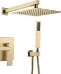 Top Notch 10In Rain Shower System Wall Mounted Brushed Gold Brass Handheld with 10-inch rain head and handheld unit.
