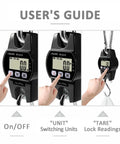 User operating Digital Hanging Crane Scale 660Lb 300Kg With Hold And Tare showing LCD display and controls.