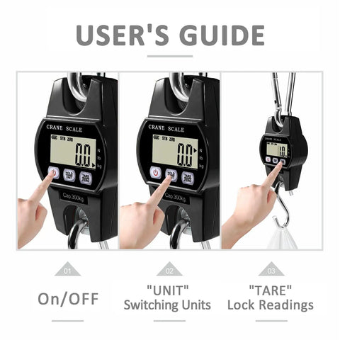 User operating Digital Hanging Crane Scale 660Lb 300Kg With Hold And Tare showing LCD display and controls.