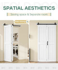 Modern White Bifold Barn Door 42X84 Inches features smooth gliding aluminum track and waterproof MDF panels for closets.