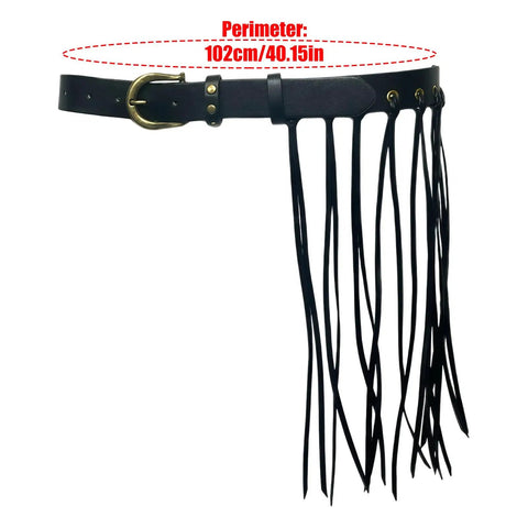 Vintage Industrial Waist Belt Featuring Heavy Copper Hardware And Flowing Tassels With Easy Adjustable Strap In Warm Coffee Brown For Daily Wear That Gives Serious Drip, side view with tassels.