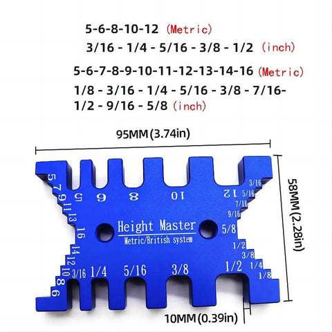 Pro Grade High Precision Aluminum Dovetail Caliper And Tenon Gauge For Woodworking Measuring Height And Gaps, Metric And Imperial, CNC Machined Aluminum Tool For Saw Tables And Machines MG016B blue aluminum height gauge with metric and inch scales