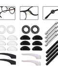 Ear Gripper Holders For Eyeglasses Silicone Nose Pad Retainers And Temple Tip Grips No Slip Glasses Accessories For Adults And Kids 14 Pairs displayed in black and white