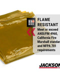 Welding Curtain With UV And Blue Light Shielding, folded yellow PVC screen with flame resistant text, ANSI FM 4960 compliant.