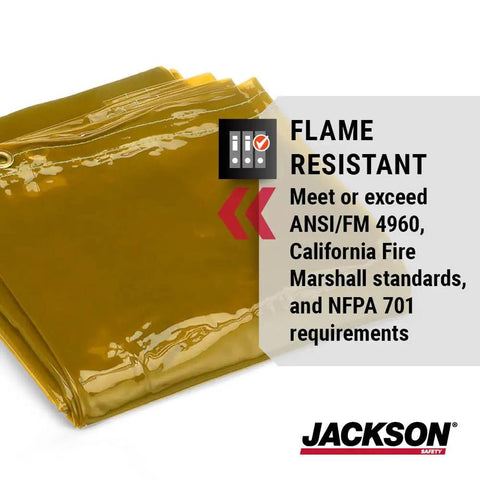 Welding Curtain With UV And Blue Light Shielding, folded yellow PVC screen with flame resistant text, ANSI FM 4960 compliant.