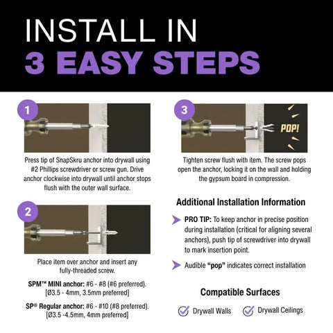 Installation guide for self drilling drywall anchors, showing 3 easy steps for hollow walls and ceilings, compatible surfaces listed.