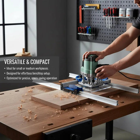 Router Sled Aluminum Alloy Flattening Jig With Precise Rail And Low Friction Slide in use on a wooden workbench
