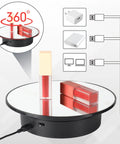 Smooth 7.87 Inch Motorized Rotating Display Stand With Sleek Mirror Surface showcasing lip products, features USB power options.
