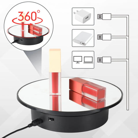 Smooth 7.87 Inch Motorized Rotating Display Stand With Sleek Mirror Surface showcasing lip products, features USB power options.