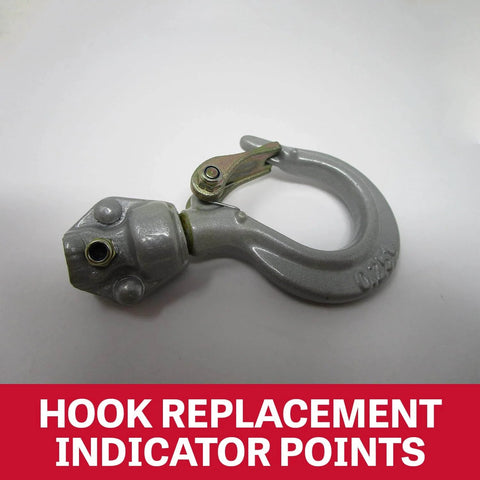 Industrial alloy hook for Compact Lever Hoist One Quarter Ton With Ten Foot Lift, featuring replacement indicator points.