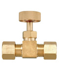 Brass needle valve with dual 1/4 inch compression fittings and knurled adjustment knob (front view)