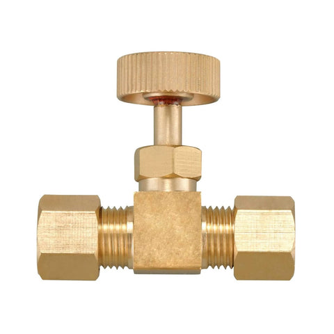 Brass needle valve with dual 1/4 inch compression fittings and knurled adjustment knob (front view)