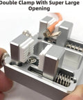 Close-up of Adjustable Heavy Duty Soldering Jig For Circuit Board Mounting And Welding with double clamp feature