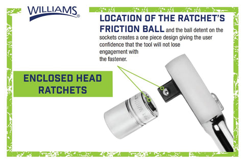 Half Inch Drive Enclosed Head Ratchet With Chrome Finish, 36-Tooth Gear, Single Pawl, detail of friction ball location