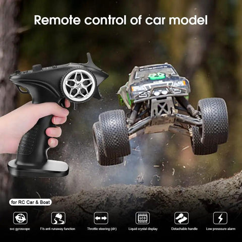 2.4GHz RC Controller 4CH Remote And Receiver Digital Radio Transmitter for RC Car in action with hand holding the controller.