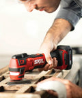 Using brushless 12V oscillating multitool from Four Tool Power Pack With Brushless 12V Half Inch Drill Driver, Oscillating Multitool, Area Light, And Bluetooth Speaker For Real DIY Pros. Includes Two 2.0Ah PWR Core 12 Batteries And Standard Charger For Long Lasting Runtime on wood surface.