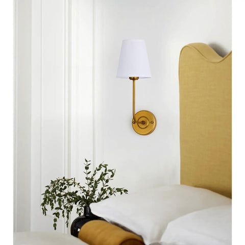 Hardwired Wall Sconces Set Of 2 Vintage Industrial Style Wall Lamps With Flared White Fabric Shades Antique Brass Finish