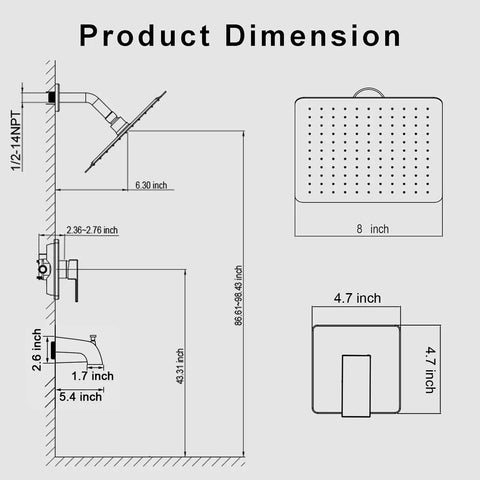 Slick 8 Inch Square Rainfall Shower Faucet Set With Tub Spout In Polished Chrome Finish Modern Wall Mount Bathroom Kit Featuring Smooth Water Flow And Easy Install For That Killer Bathroom Glow Up